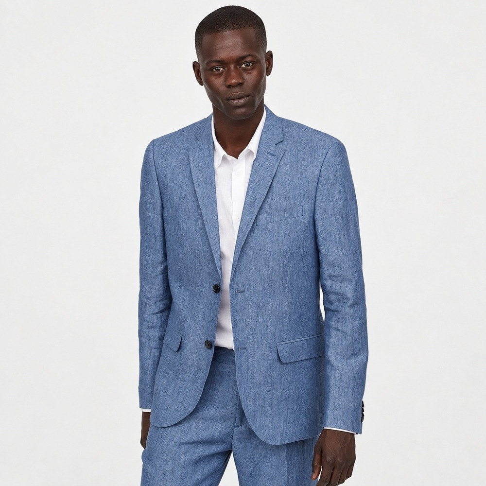 H&M Premium Linen Blazer Mens 36R Slim Fit Two Button Homecoming Wedding Blue